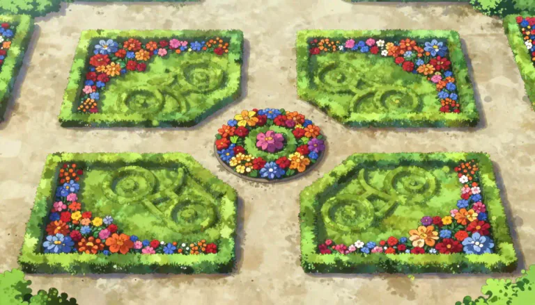 Visual representation of "parterre" - A level space in a garden or yard that is planted with flowers in a decorative pattern.