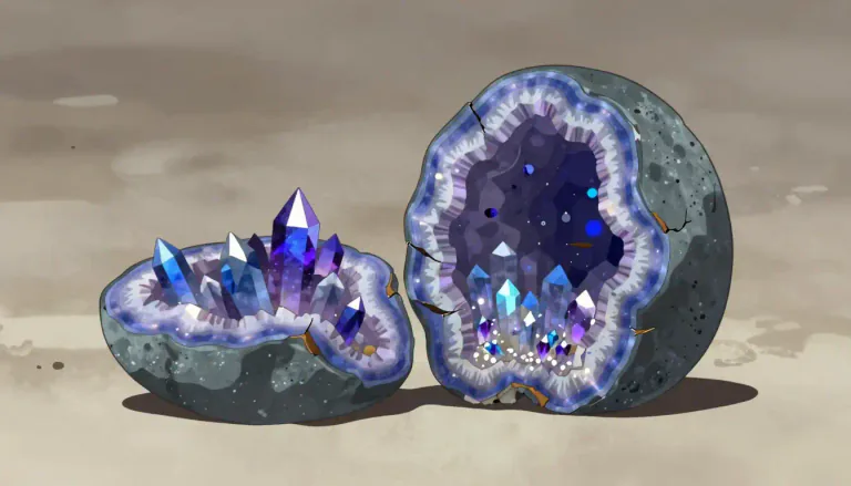 Visual representation of "geode" - A round rock structure with a hollow inside lined with crystals.