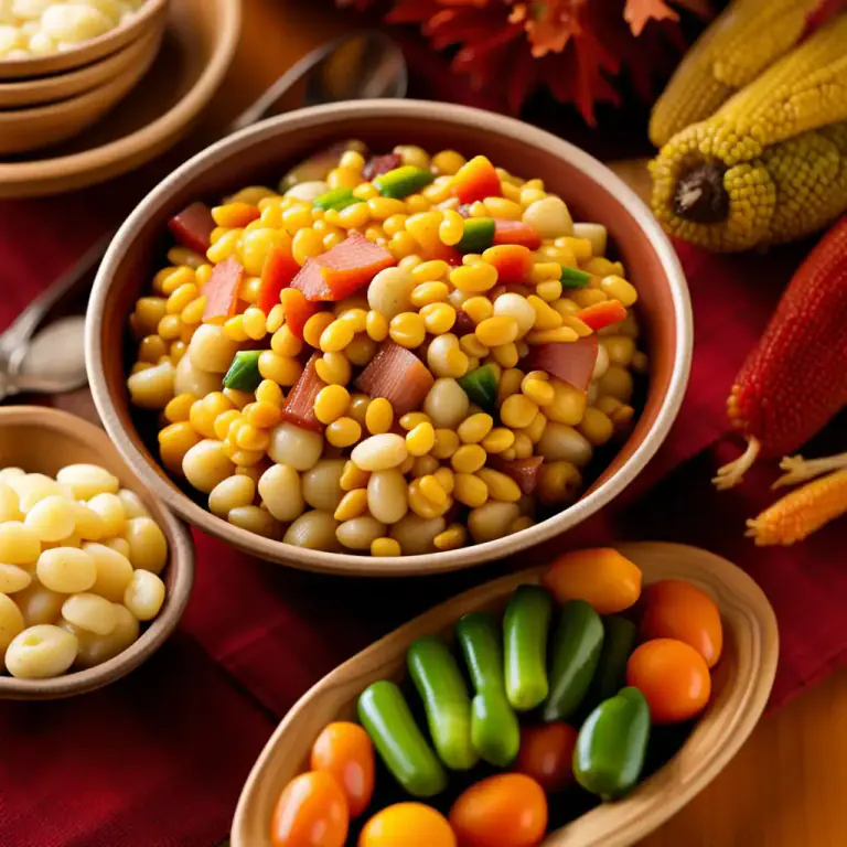 Visual representation of "succotash" - A cooked dish of corn kernels and lima beans, often with added vegetables or meat.