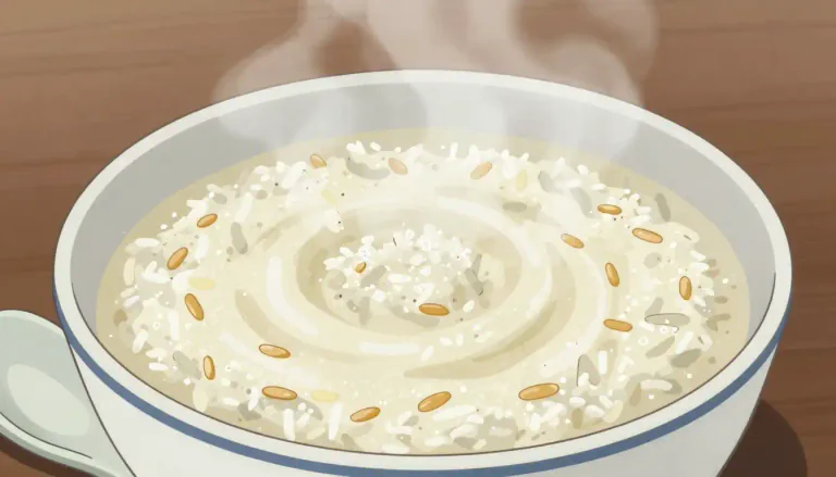 Visual representation of "congee" - A comfort food made by boiling rice in a large amount of water until it breaks down into a creamy consistency.