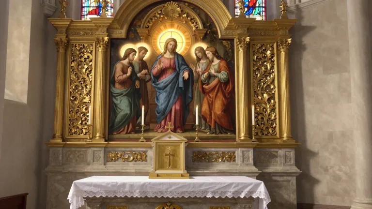 Visual representation of "altarpiece" - A piece of artwork, often a painting, that is placed above and behind an altar in a Christian church