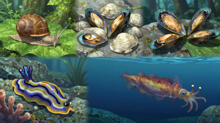 Visual representation of "mollusk" - Mollusks are an ecological group characterized by their diverse forms and adaptations, ranging from land snails to deep-sea squid.