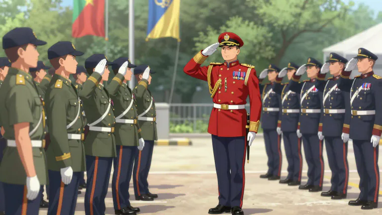 Visual representation of "take the salute" - To receive and acknowledge a salute, typically performed by a military or other uniformed service as a sign of respect or recognition.