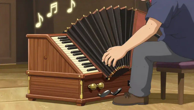 Visual representation of "harmonium" - A musical instrument similar to an organ that you play by pressing keys and pumping with your feet
