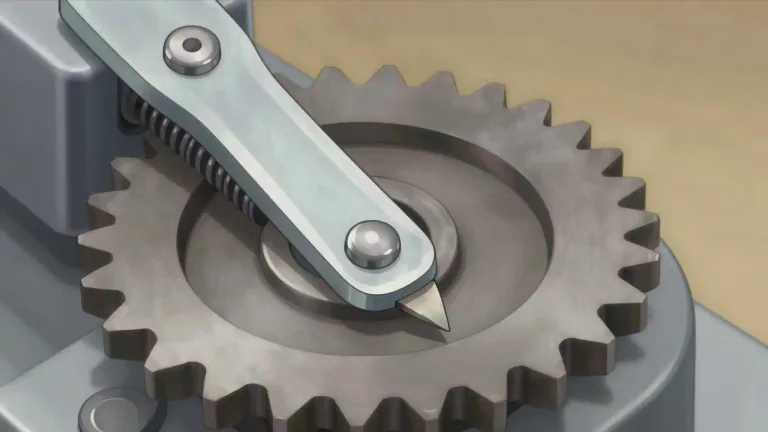 Visual representation of "pallet" - In mechanical devices, a lever engaging with a ratchet or gear