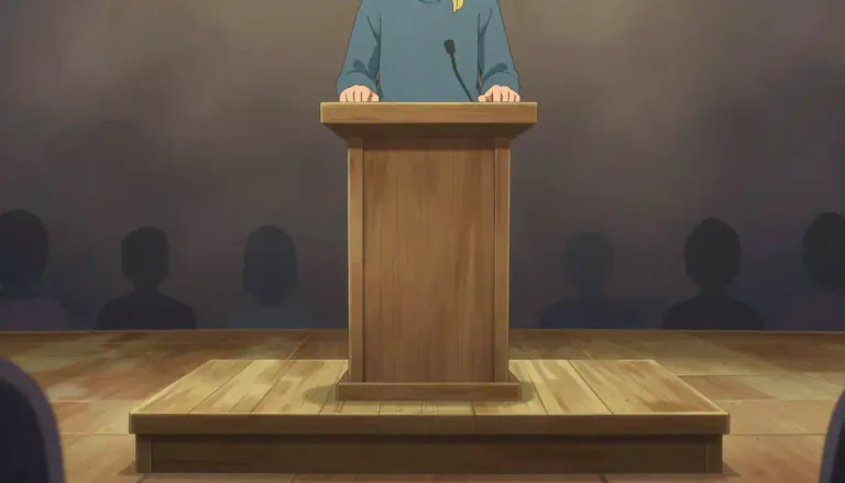 Visual representation of "podium" - A small platform where a person stands to give a speech or lead a music band.