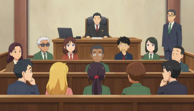 Visual representation of "jury" - A group of people who listen to the facts in a court case and decide if someone is guilty or not guilty.