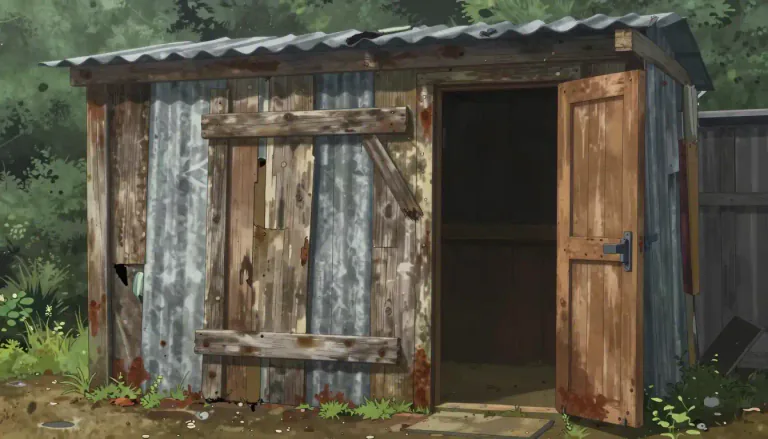 Visual representation of "shithouse" - A very dirty or poorly constructed building, especially one used as a toilet.