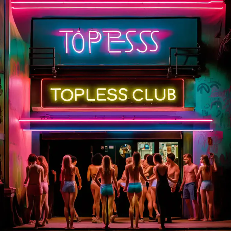 Visual representation of "topless" - A place where adult entertainment is performed without the performers wearing clothes above the waist