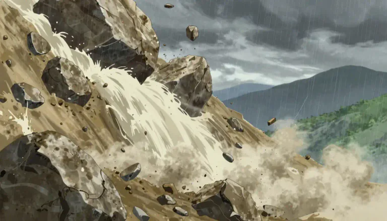 Visual representation of "rockslide" - A rockslide is a sudden movement of rock and debris down a slope, typically triggered by natural events such as heavy rain or earthquakes.