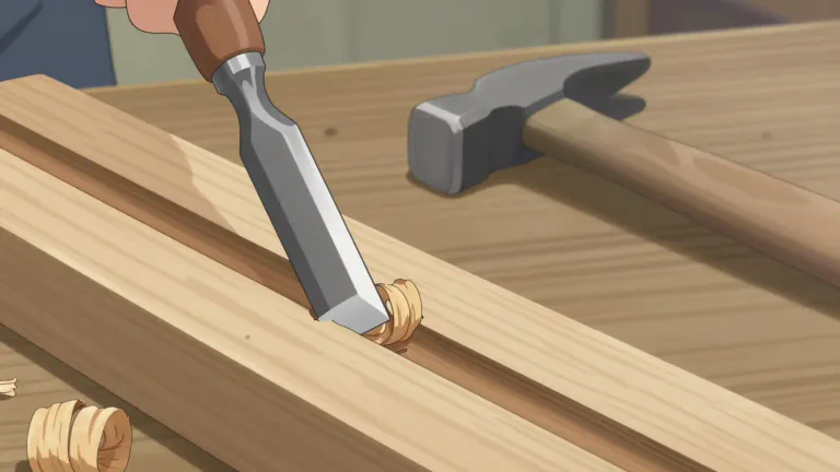 Visual representation of "chisel" - A hand tool with a sharp edge used for cutting or shaping hard materials like wood, stone or metal.