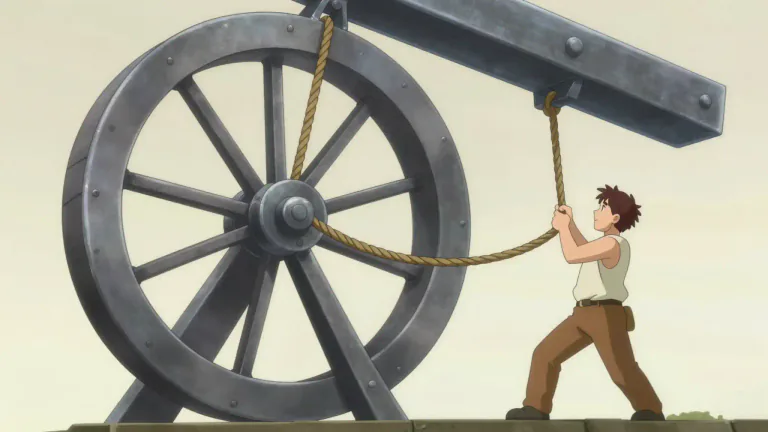 Visual representation of "pulley" - A wheel with a grooved rim around which a cord passes, which acts to change the direction of a force applied to the cord and is used to lift heavy objects.