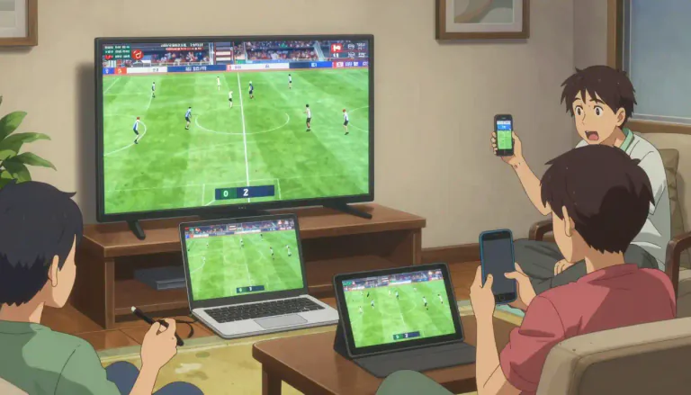 Visual representation of "simulcast" - A simultaneuos broadcast of a program on various media platforms.