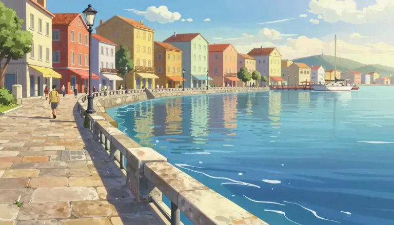 Visual representation of "waterfront" - The area in a city or town that is next to a body of water, such as a sea, lake, or river.