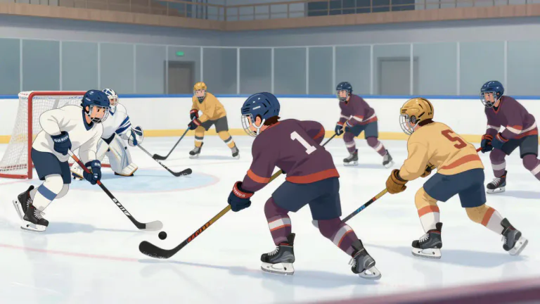 Visual representation of "broomball" - A team sport played on ice, where players use broom-like sticks to hit a ball into a goal.