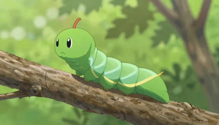Visual representation of "inchworm" - A small caterpillar-like larva that moves by alternately contracting and expanding its body, often found on trees and plants.