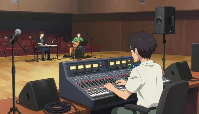 Visual representation of "soundcheck" - A preparation phase before a live performance where audio equipment is tested and adjusted.
