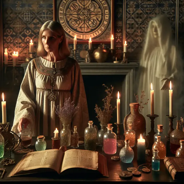 Visual representation of "witchcraft" - A practice involving the use of powers gained from the assistance or control of evil spirits, especially for divining