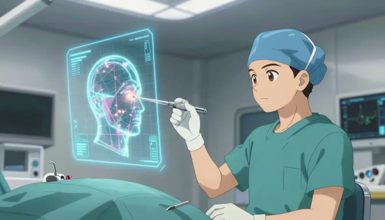 Visual representation of "stereotactic" - Relating to a method of performing surgery by guiding instruments to a precise location in three-dimensional space using imaging techniques.