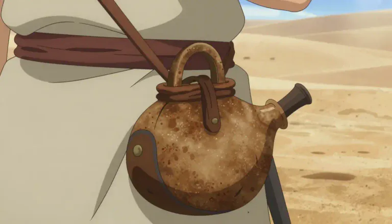 Visual representation of "waterskin" - A waterskin is a container made from animal hide that is used to carry water, especially in regions where water is scarce.
