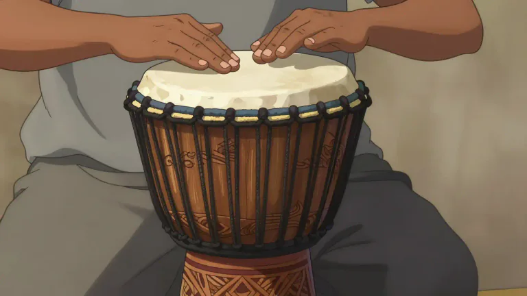 Visual representation of "djembe" - A djembe is a rope-tuned skin-covered drum played with the hands, originating from West Africa, known for its deep bass and high-pitched tones.