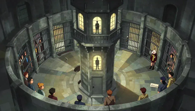 Visual representation of "panopticon" - A circular prison design that allows guards to observe all prisoners without them being able to tell whether they are being watched.