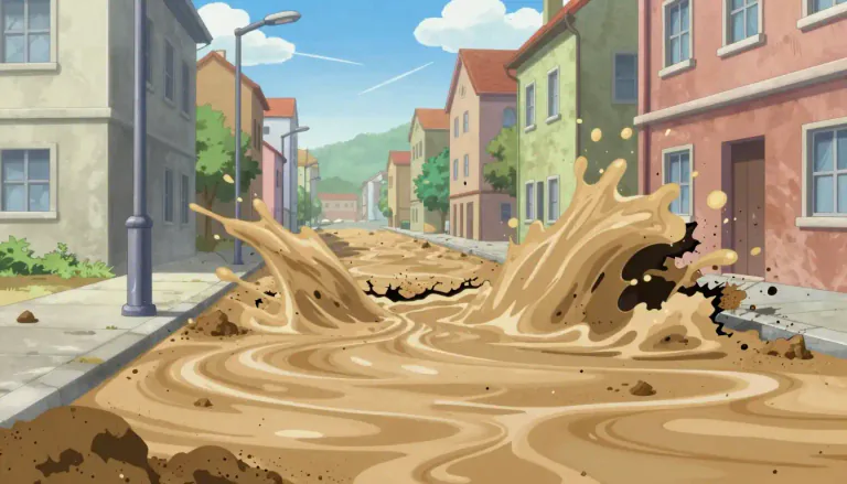 Visual representation of "liquefaction" - The process by which saturated soil significantly loses strength and stability under stress, behaving like a liquid, often during an earthquake.