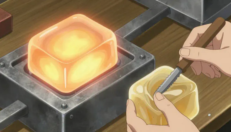 Visual representation of "thermoset" - A type of polymer that becomes permanently hard when heated and can only be shaped once.