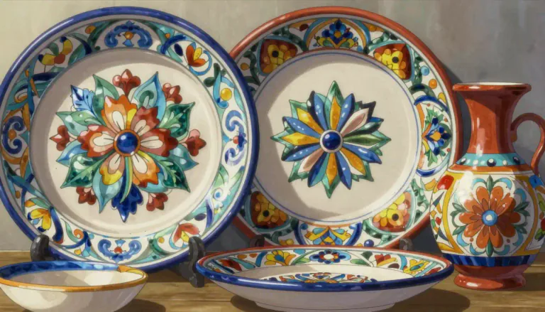 Visual representation of "majolica" - Majolica is a type of pottery that is coated with a colorful glaze and that features intricate designs.