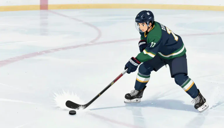 Visual representation of "slapshot" - A powerful shot taken in hockey by swinging the stick to hit the puck. The slapshot is characterized by a rapid motion and is meant to achieve maximum velocity and distance.