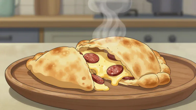Visual representation of "calzone" - A calzone is a baked Italian dish that consists of a dough filled with ingredients such as cheese and meats and then folded over.