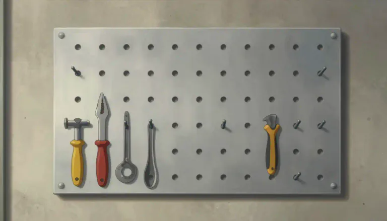 Visual representation of "pegboard" - A board made of a panel with holes to hold pegs, used for display or storage.