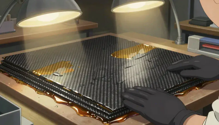 Visual representation of "prepreg" - Prepreg is a composite material made of fibers that are already soaked in resin, which is activated through heat to cure and solidify.