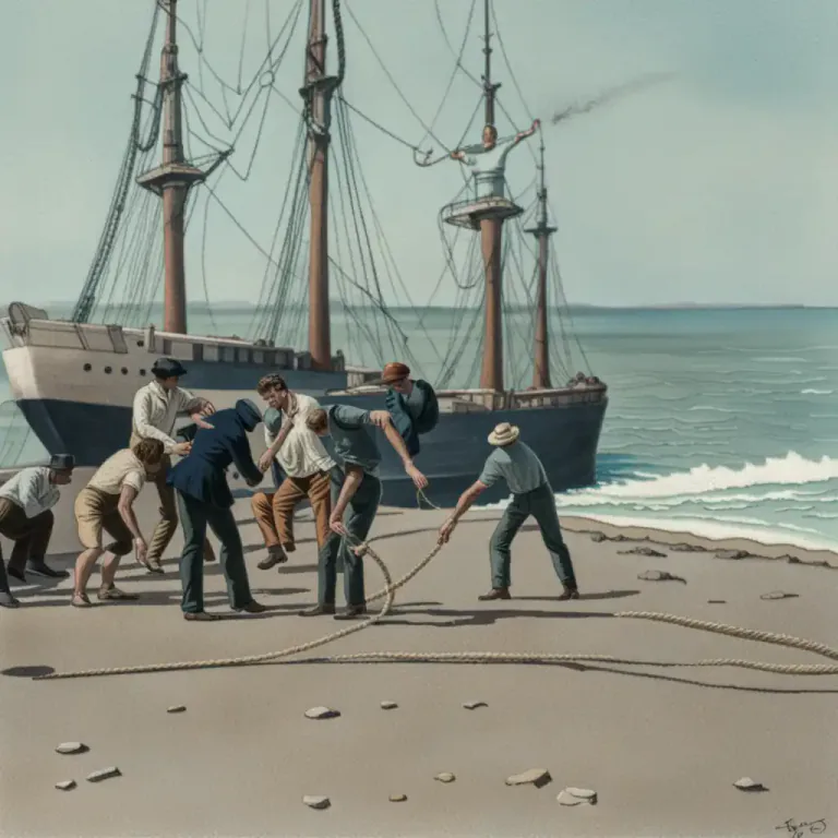 Visual representation of "warp" - To move a ship by pulling on a rope that is fastened to a stationary object on shore