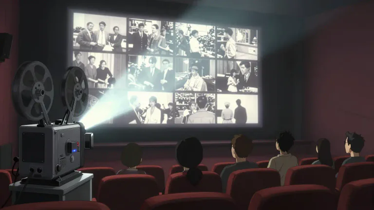 Visual representation of "newsreel" - A short film presenting news or current events, typically shown in theaters.