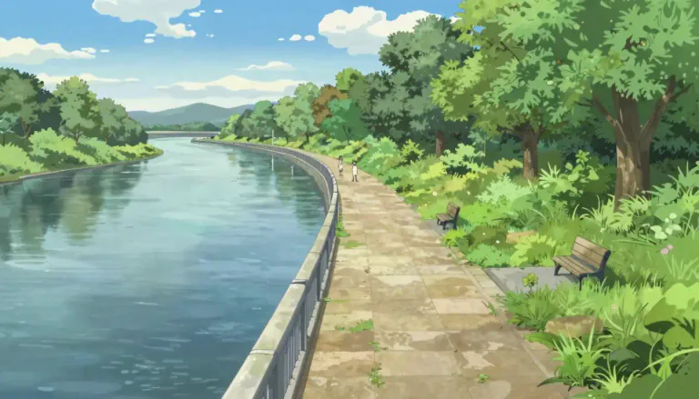 Visual representation of "riverfront" - The area of land along the bank of a river.