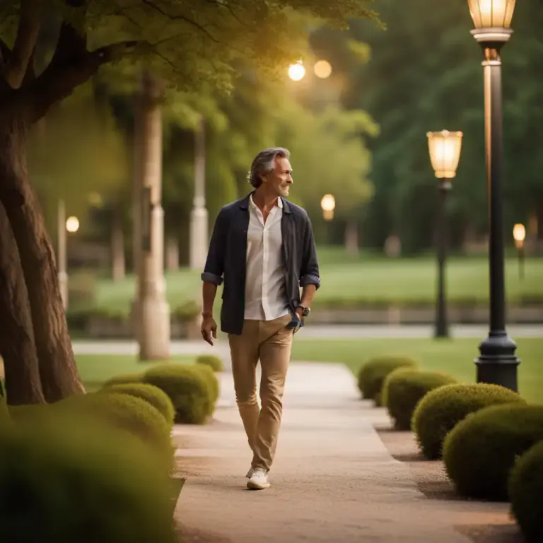 Visual representation of "perambulate" - To walk around in a leisurely way, especially for relaxation or enjoyment.