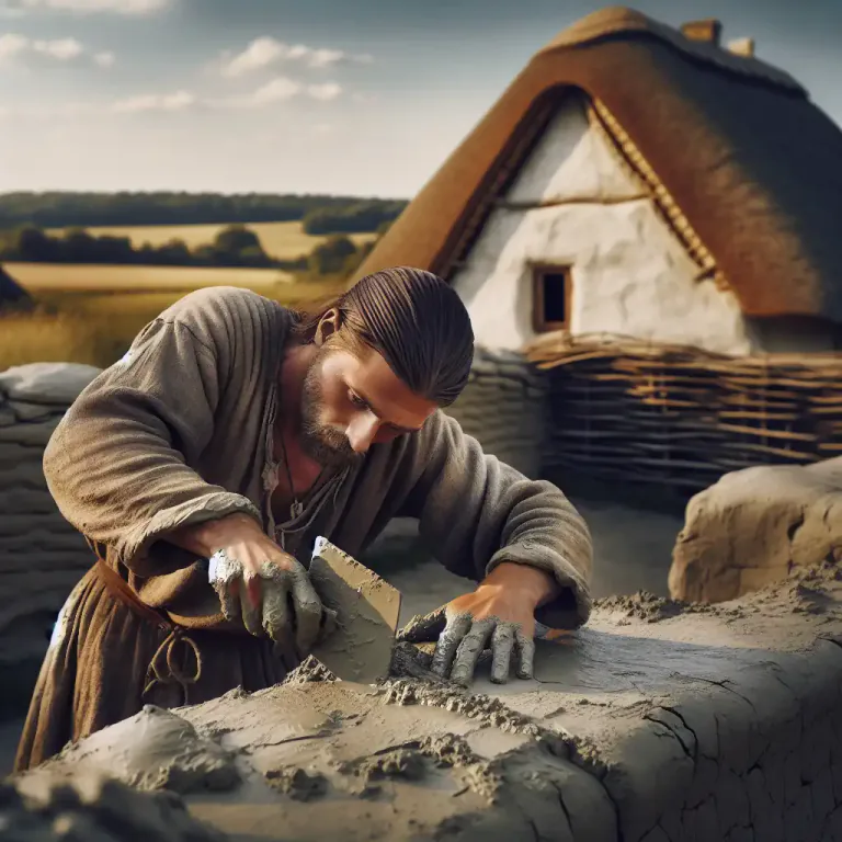 Visual representation of "daub" - To cover or coat (a building) with mud or plaster