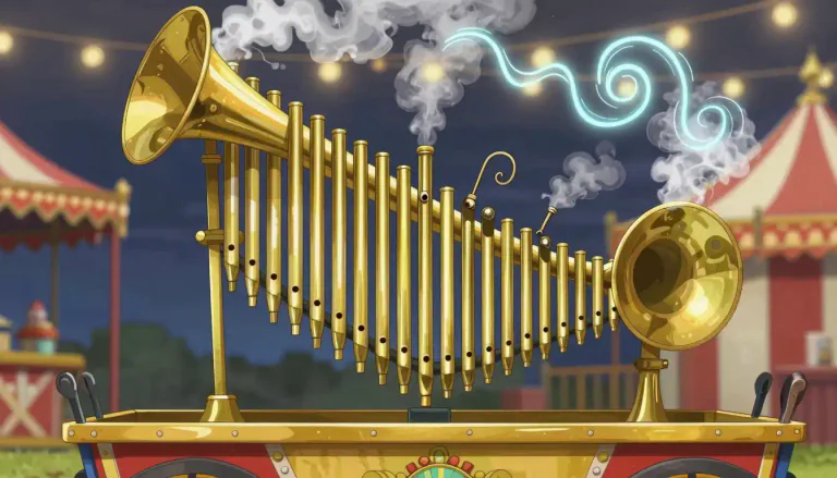 Visual representation of "calliope" - A musical instrument that produces sound by sending steam or compressed air through large whistles, typically used in circuses and fairs.