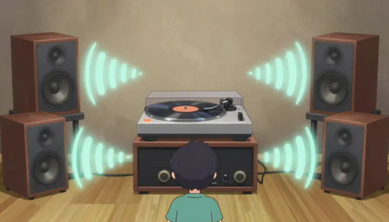 Visual representation of "quadraphonic" - Relating to or designed for a four-channel sound system.