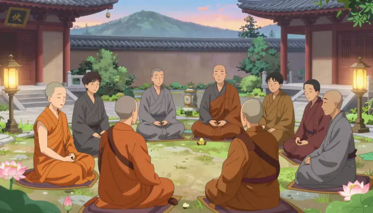 Visual representation of "sangha" - A community of Buddhist monks, nuns, and laypeople committed to following the teachings of Buddha and supporting one another in their spiritual practices.