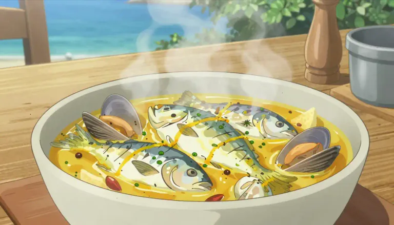 Visual representation of "bouillabaisse" - A traditional Mediterranean fish stew made with a variety of fish and spices.