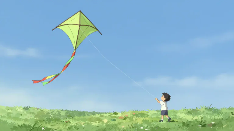 Visual representation of "kite" - It's a light frame or structure, often made of wood, covered with paper or cloth and attached to a string, which can be flown in the wind for pleasure.