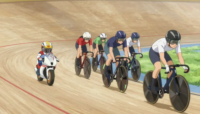 Visual representation of "keirin" - Keirin is a type of track cycling where competitors race behind a motorcycle for a part of the track before sprinting for the finish line.