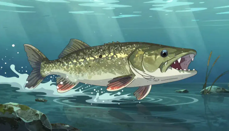 Visual representation of "muskie" - A large northern American fish that lives in lakes and rivers and is known for its aggressive behavior and size.