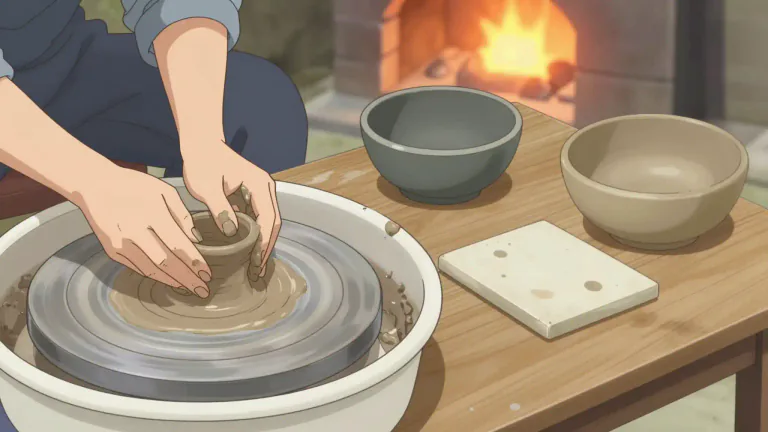 Visual representation of "ceramic" - A hard material made by heating clay. It is used for making things like pots, plates and tiles.