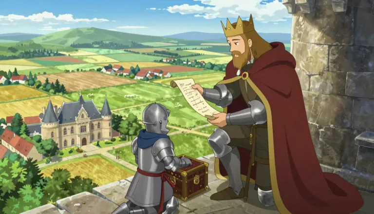 Visual representation of "fief" - In the past, a piece of land given by a king or lord to someone who agreed to serve them, especially by fighting for them.