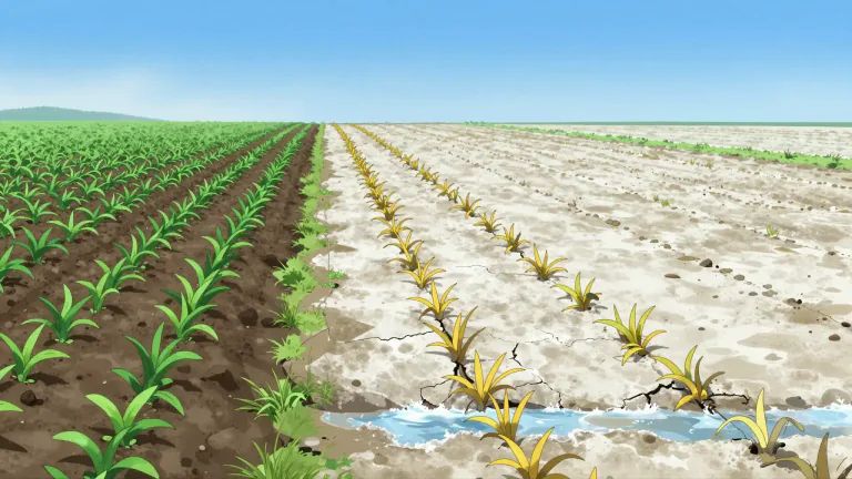 Visual representation of "salinization" - The process by which soluble salts accumulate in soil or water, often leading to reduced fertility.