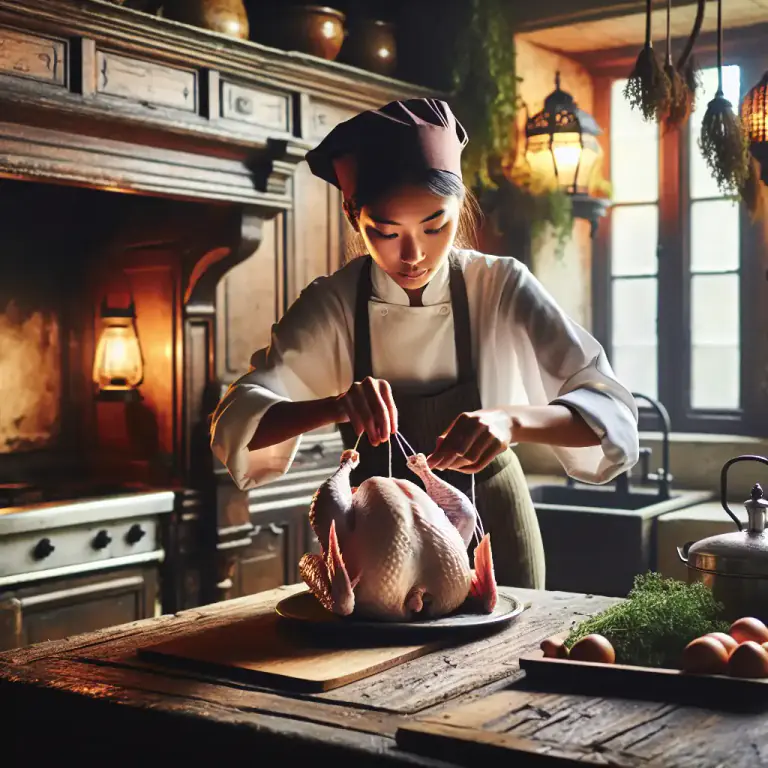 Visual representation of "truss" - To tie up the wings and legs of a bird before cooking it.