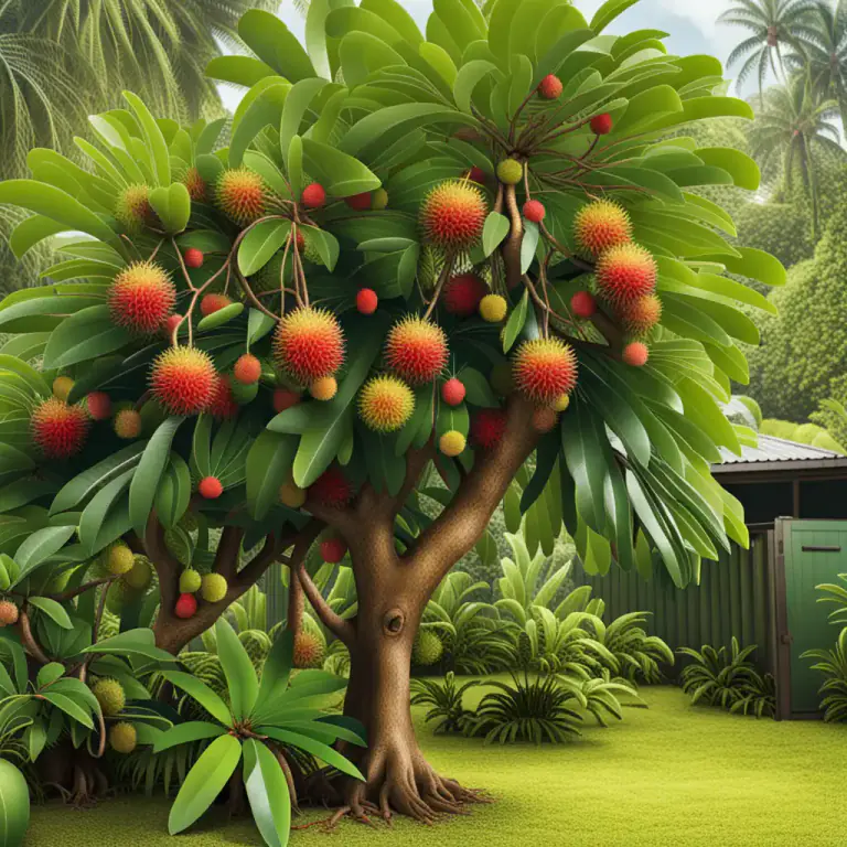 Visual representation of "rambutan" - The evergreen tree that produces the rambutan fruit. It grows well in tropical climates.
